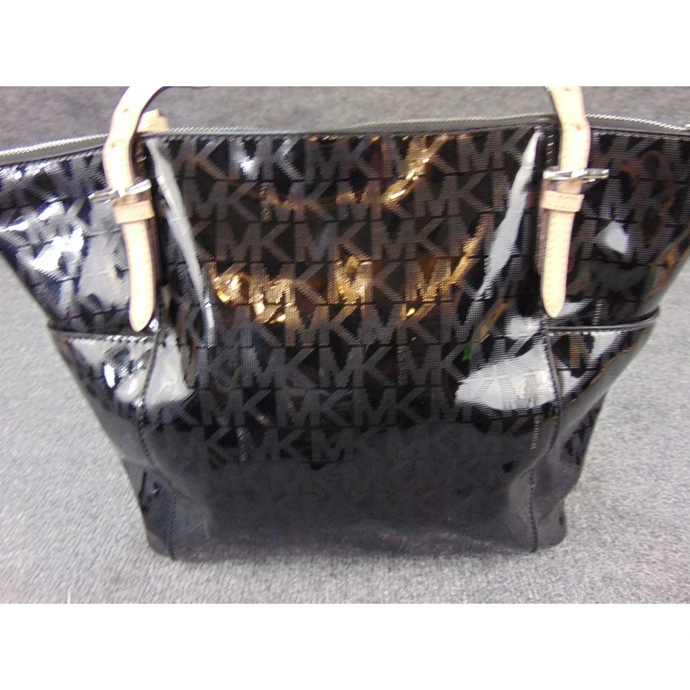 Michael Kors Jet Set Travel Tote Black Patent MK‎ Logo Monogram Bag 35S6MTTT8Z